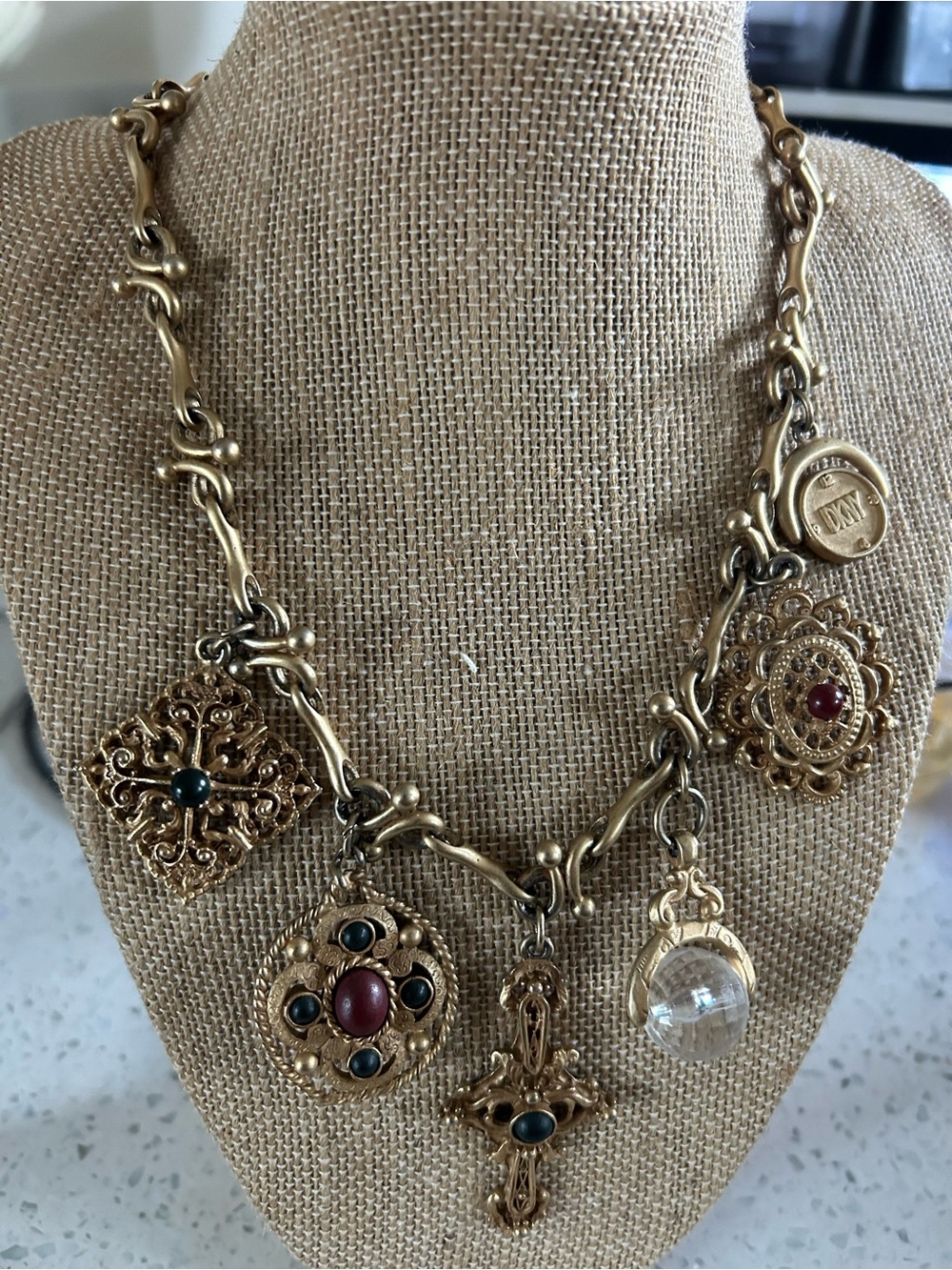 80’s 90’s Donna Karan NY renaissance revival breast, gold charm necklace